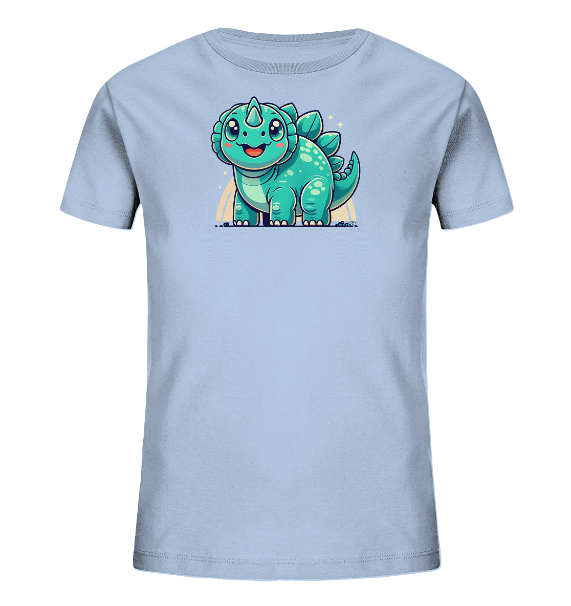 Onlineshop Shirts fuer Kinder - Das Bild zeigt ein hellblaues T-Shirt mit einem suessen Cartoon-Dinosaurier auf der Vorderseite. Der Dinosaurier ist tuerkisblau, hat Stacheln und Flecken und laechelt freundlich. Er steht vor einem kleinen Regenbogenbogen, umgeben von Sternen. Das Design wirkt froehlich und kindgerecht.