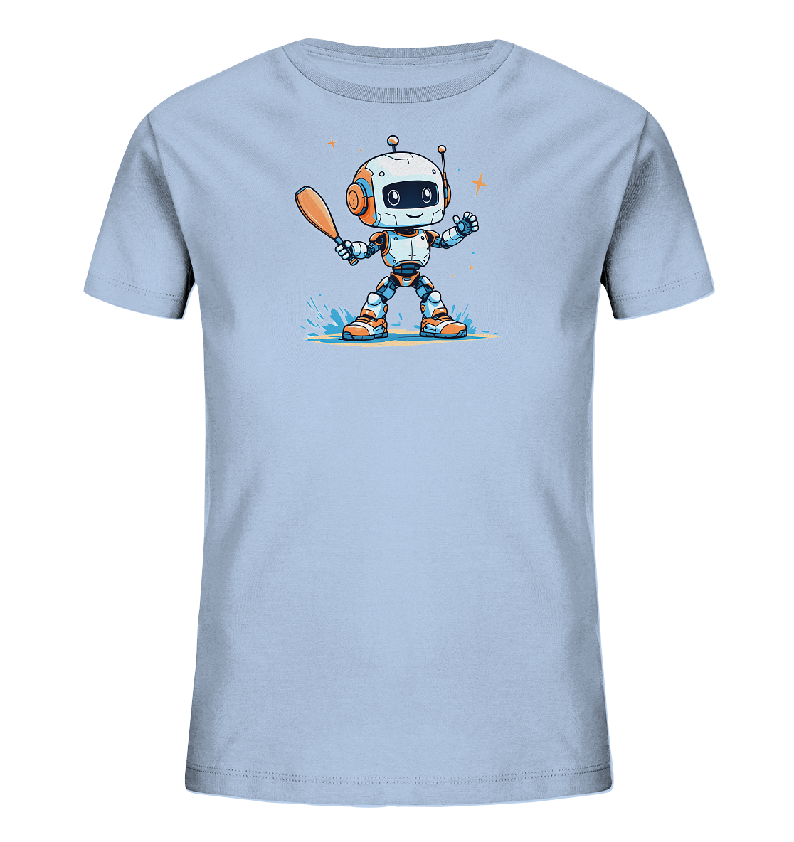 Onlineshop Shirts für Kinder - Das Bild zeigt ein hellblaues Kinder-T-Shirt mit einem freundlich lächelnden Roboter als Aufdruck auf der Vorderseite. Der Roboter ist in Weiß, Orange und Grau gehalten und trägt orangefarbene Schuhe und Handschuhe. Er hält einen braunen Baseballschläger in der rechten Hand und steht auf einem blauen, spritzenden Untergrund. Das Design wird durch kleine orangefarbene Sterne oder Lichtreflexe im Hintergrund ergänzt, was dem Motiv eine dynamische und verspielte Note verleiht.