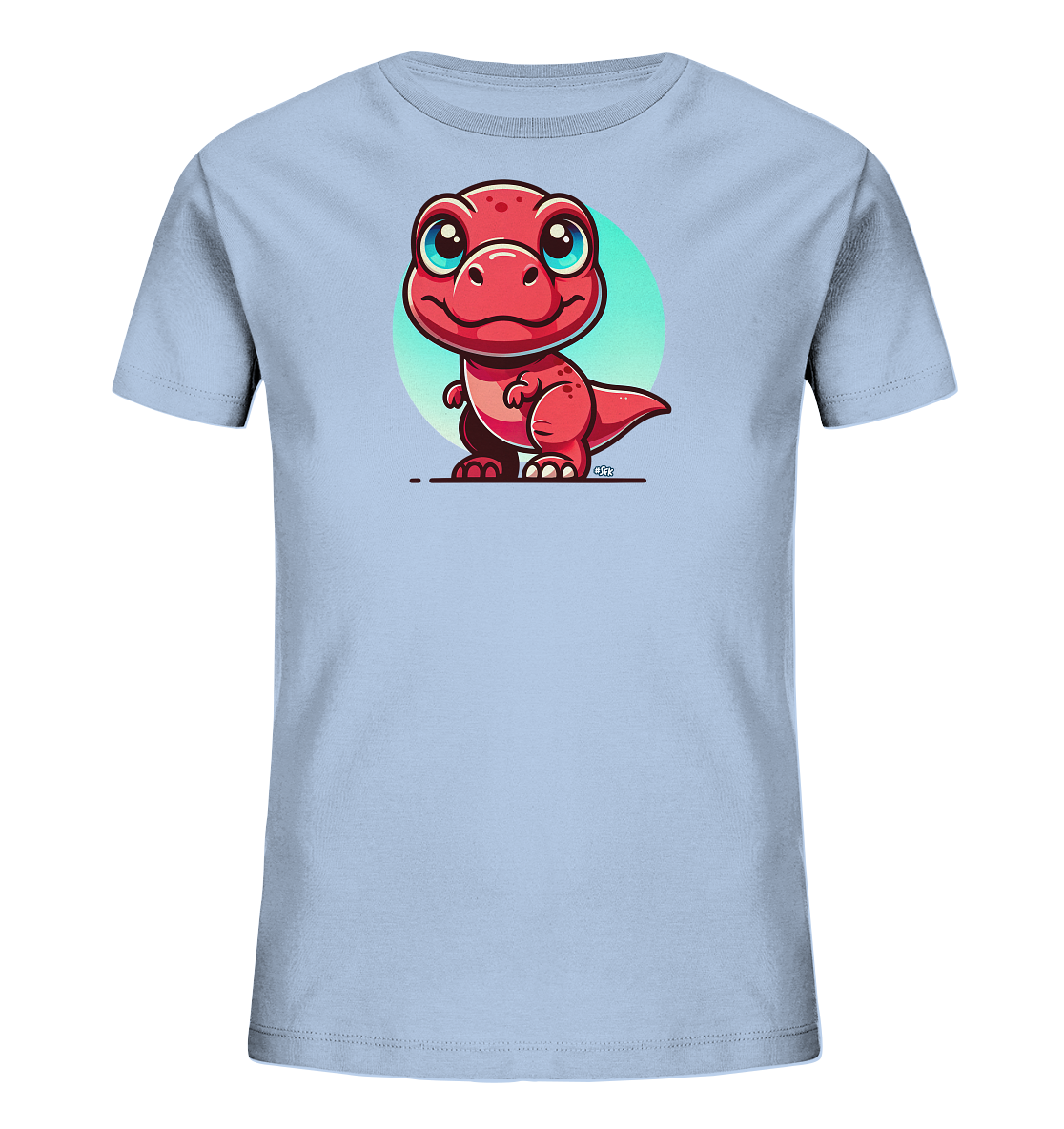Onlineshop Shirts für Kinder - Das Bild zeigt ein hellblaues T-Shirt für Kinder, auf dem ein roter, cartoonhafter Dinosaurier abgebildet ist. Der Dinosaurier hat große, freundliche blaue Augen und einen lächelnden Ausdruck. Hinter der Figur befindet sich ein runder, bläulich-grünlicher Hintergrund. Die gesamte Gestaltung wirkt freundlich und verspielt, ideal für ein Kinderkleidungsstück.