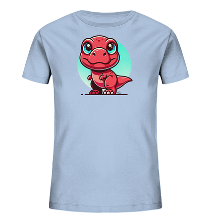 Onlineshop Shirts für Kinder - Das Bild zeigt ein hellblaues T-Shirt für Kinder, auf dem ein roter, cartoonhafter Dinosaurier abgebildet ist. Der Dinosaurier hat große, freundliche blaue Augen und einen lächelnden Ausdruck. Hinter der Figur befindet sich ein runder, bläulich-grünlicher Hintergrund. Die gesamte Gestaltung wirkt freundlich und verspielt, ideal für ein Kinderkleidungsstück.