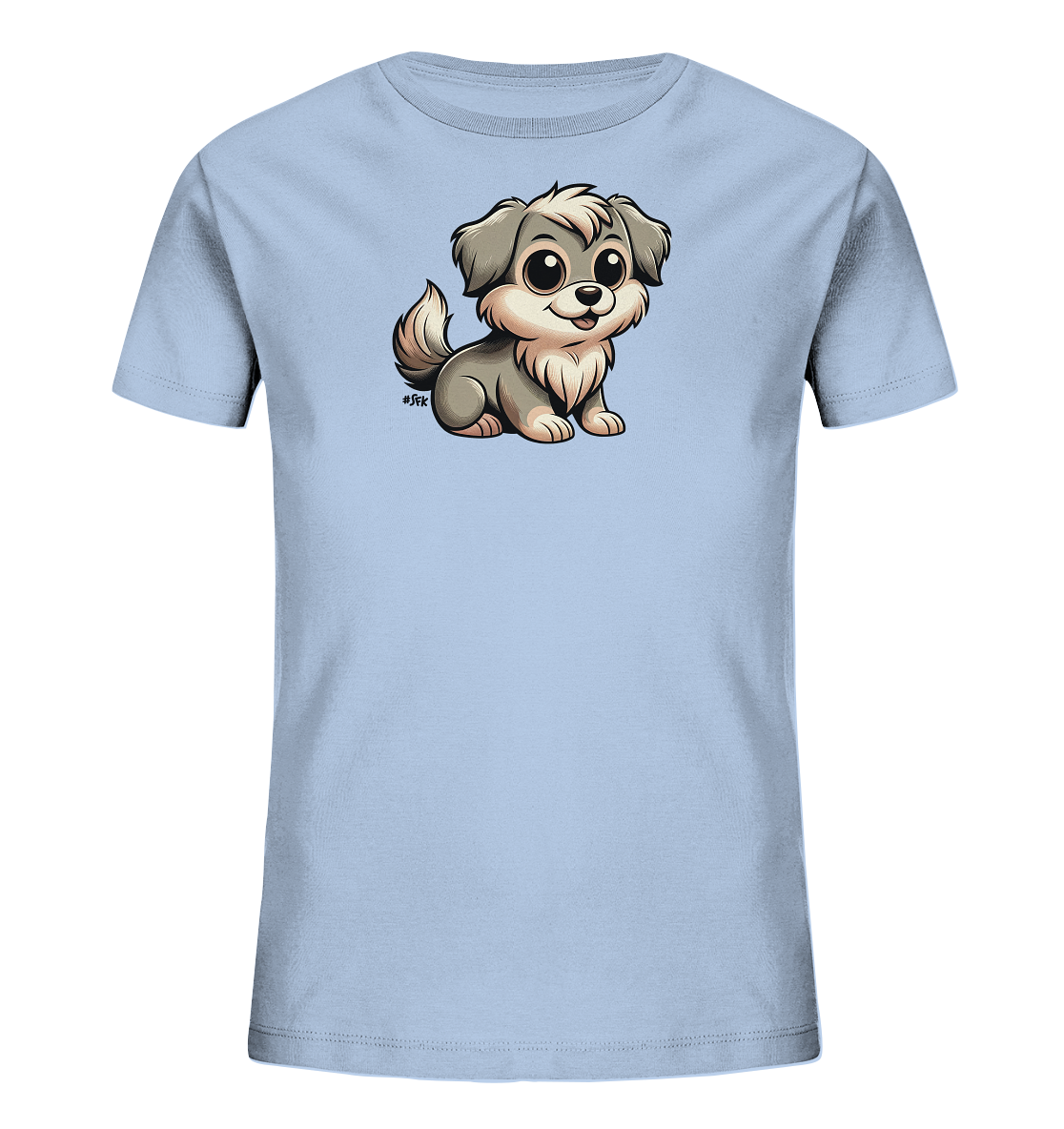 Onlineshop Shirts fuer Kinder - Das Bild zeigt ein hellblaues Kinder T-Shirt mit einer niedlichen, cartoonartigen Illustration auf der Vorderseite. Zu sehen ist ein kleiner Hund mit grossen Augen und einem freundlichen Laecheln. Der sitzende Welpe hat graues und beiges Fell und wirkt sehr ansprechend. Dieses Design ist ideal fuer ein verspieltes Kinderoutfit.