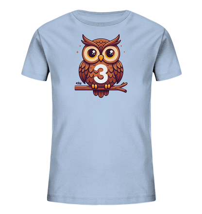 Kinder T-Shirt mit Cartoon-Eule auf Ast, großen Augen und Zahl 3