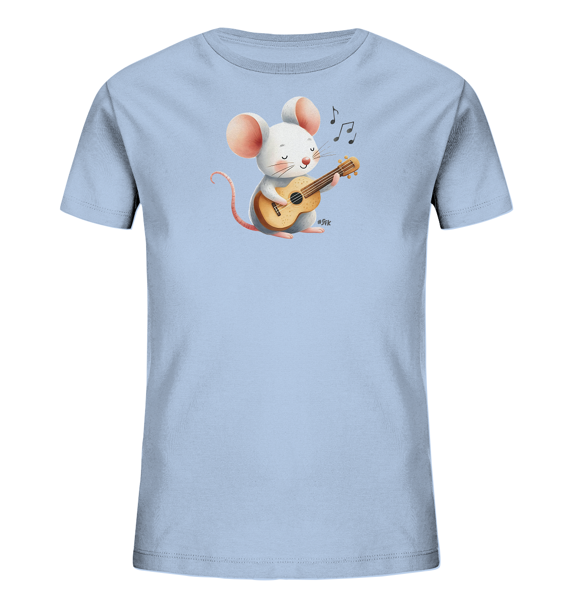 Onlineshop Shirts für Kinder - Das Bild zeigt ein hellblaues Kinder-T-Shirt. Auf der Vorderseite befindet sich eine grafische Darstellung einer weißen Maus. Die Maus sitzt und spielt auf einem kleinen Saiteninstrument, begleitet von Musiknoten über ihr. Dieses Motiv verleiht dem Shirt einen musikalischen und fröhlichen Charakter.