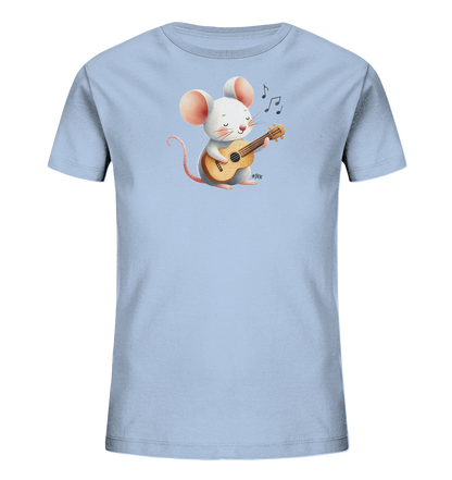 Onlineshop Shirts für Kinder - Das Bild zeigt ein hellblaues Kinder-T-Shirt. Auf der Vorderseite befindet sich eine grafische Darstellung einer weißen Maus. Die Maus sitzt und spielt auf einem kleinen Saiteninstrument, begleitet von Musiknoten über ihr. Dieses Motiv verleiht dem Shirt einen musikalischen und fröhlichen Charakter.