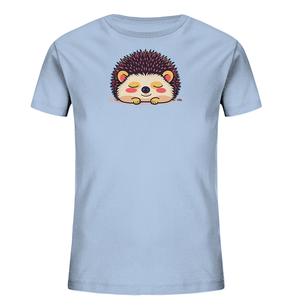 Onlineshop Shirts fuer Kinder - Das Bild zeigt ein hellblaues Kinder-T-Shirt mit einem niedlichen Cartoon-Igel auf der Vorderseite. Der Igel ist schlafend oder sehr entspannt dargestellt, mit geschlossenen Augen und rosigen Wangen. Seine Stacheln sind dunkel mit roetlichen Spitzen, was einen angenehmen Kontrast bildet. Dieses Design verleiht dem Shirt einen verspielten und beruhigenden Charakter.