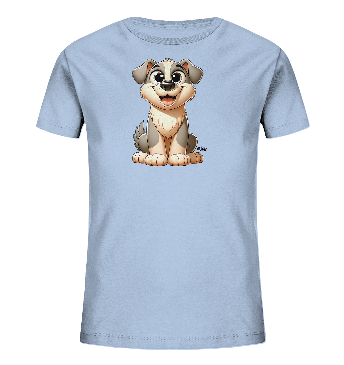 Onlineshop Shirts fuer Kinder - Das Bild zeigt ein hellblaues Kinder-T-Shirt mit einer suessen, cartoonartigen Illustration auf der Vorderseite. Zu sehen ist ein sitzender Hund mit grauem und cremefarbenem Fell, grossen Augen und einem freundlichen Ausdruck. Das Design ist neutral und ansprechend fuer Kinder.