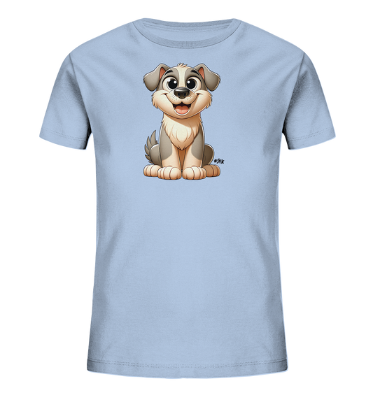 Onlineshop Shirts fuer Kinder - Das Bild zeigt ein hellblaues Kinder-T-Shirt mit einer suessen, cartoonartigen Illustration auf der Vorderseite. Zu sehen ist ein sitzender Hund mit grauem und cremefarbenem Fell, grossen Augen und einem freundlichen Ausdruck. Das Design ist neutral und ansprechend fuer Kinder.