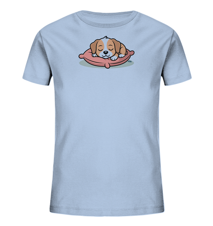 Onlineshop Shirts fuer Kinder - Das Bild zeigt ein hellblaues Kinder-T-Shirt. Auf der Vorderseite ist eine niedliche Illustration eines schlafenden Welpen zu sehen. Der braun-weisse Welpe ruht friedlich auf einem rosafarbenen Kissen. Das Design wirkt beruhigend und verspielt.