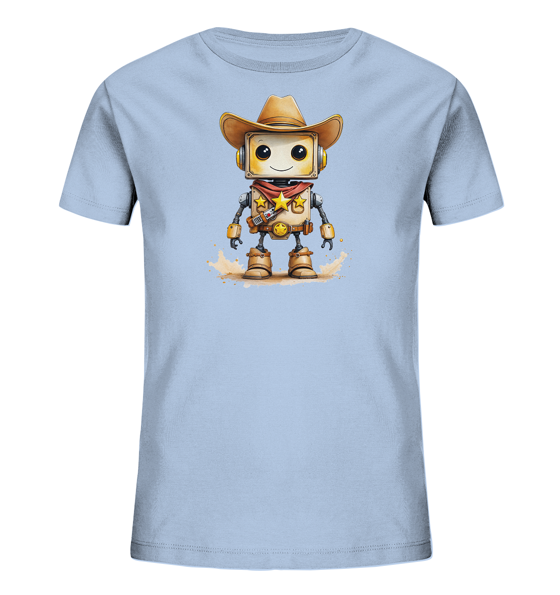Onlineshop Shirts für Kinder - Das Bild zeigt ein hellblaues T-Shirt für Kinder. Auf der Vorderseite ist ein lustiger, cartoonartiger Roboter mit Cowboyhut und rotem Halstuch abgebildet. Der Roboter hat große Augen, ein Lächeln und trägt eine Art Gürtel mit Sternen. Das Motiv ist in einem freundlichen und detailreichen Stil gestaltet, umgeben von angedeutetem Staub oder Sand.