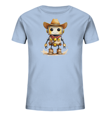 Onlineshop Shirts für Kinder - Das Bild zeigt ein hellblaues T-Shirt für Kinder. Auf der Vorderseite ist ein lustiger, cartoonartiger Roboter mit Cowboyhut und rotem Halstuch abgebildet. Der Roboter hat große Augen, ein Lächeln und trägt eine Art Gürtel mit Sternen. Das Motiv ist in einem freundlichen und detailreichen Stil gestaltet, umgeben von angedeutetem Staub oder Sand.
