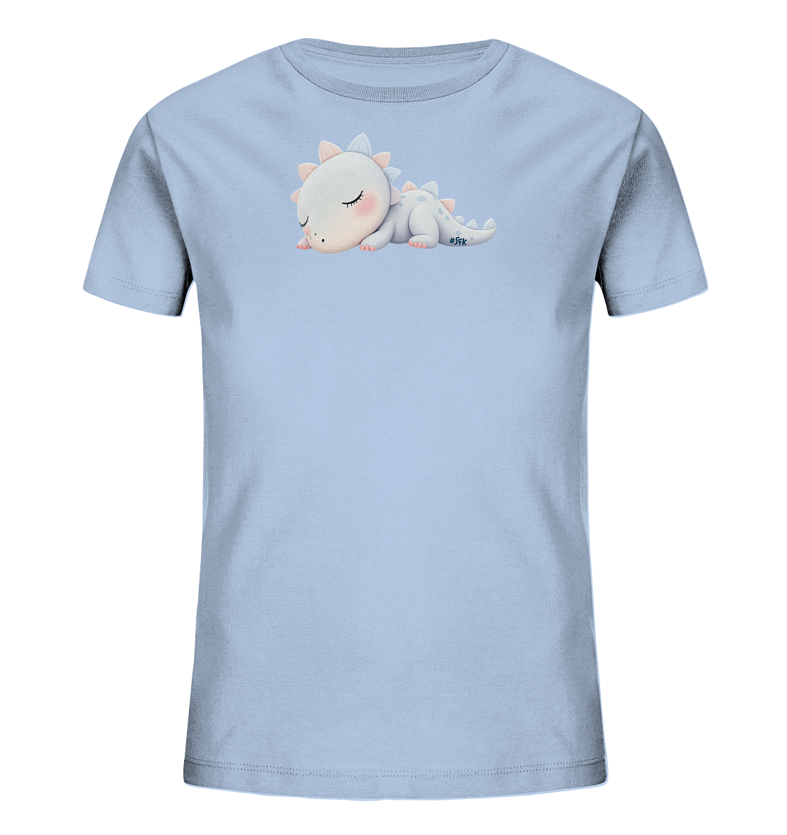 Onlineshop Shirts fuer Kinder - Das Bild zeigt ein hellblaues Kinder-T-Shirt. Auf der Vorderseite ist eine friedlich schlafende Dinosaurierfigur abgebildet. Der kleine Dino ist hellgrau mit sanften rosa Wangen und blassrosa sowie hellblauen Stacheln auf dem Ruecken. Das Motiv wirkt zart und verspielt, ideal fuer Kinder.