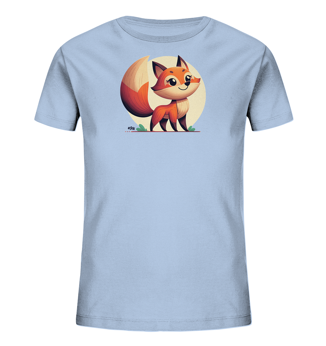 Onlineshop Shirts fuer Kinder - Das Bild zeigt ein hellblaues T-Shirt fuer Kinder mit einer niedlichen Illustration eines Fuchses. Der Fuchs hat einen freundlichen Ausdruck, steht aufrecht und besitzt einen grossen, buschigen Schwanz. Im Hintergrund ist ein blasser, gelber Kreis zu sehen, der wie die Sonne wirkt. Die Grafik ist auf der Vorderseite des Shirts platziert und verleiht ihm einen verspielten Look.