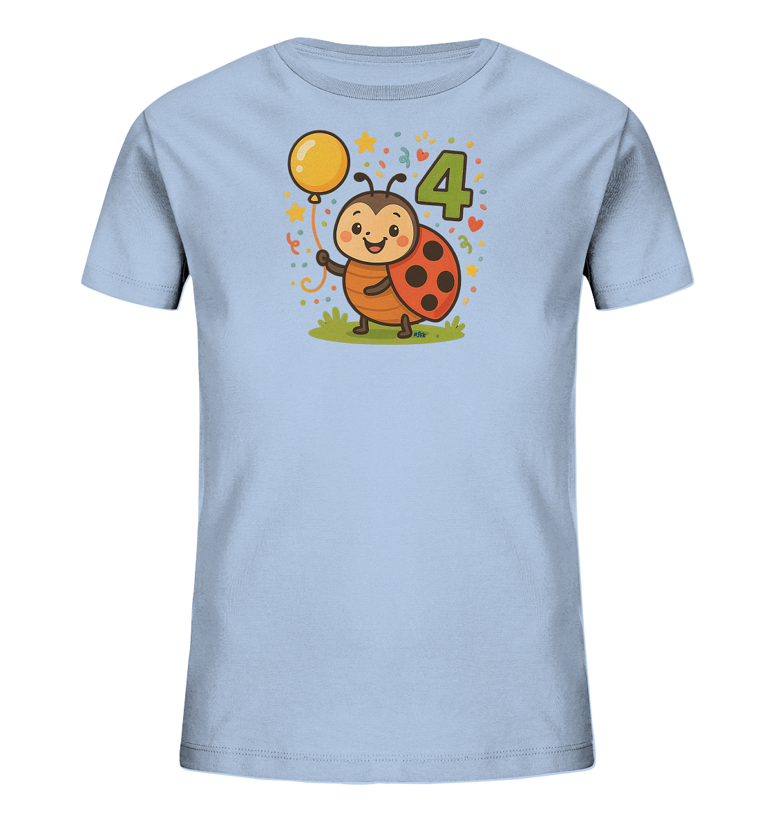 Onlineshop Shirts fuer Kinder - Das Bild zeigt ein hellblaues T-Shirt mit einem froehlichen Motiv fuer Kinder. Eine niedliche Marienkaefer-Figur haelt einen gelben Ballon neben einer grossen gruenen Zahl '4'. Die Illustration ist von Konfetti, Sternen und Herzen umgeben, was eine festliche Stimmung erzeugt. Das Design wirkt insgesamt verspielt und farbenfroh.
