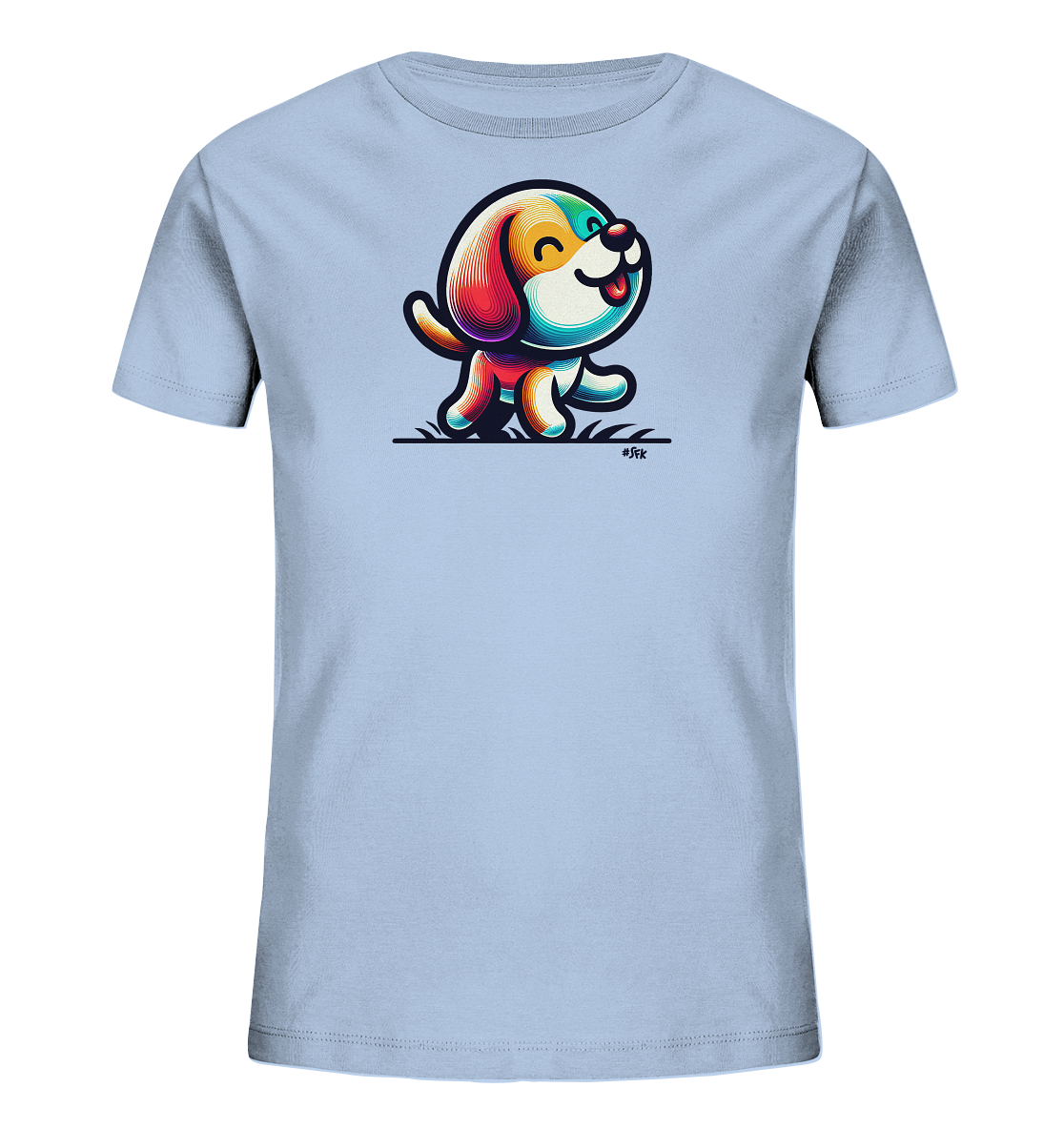 Onlineshop Shirts fuer Kinder - Das Bild zeigt ein hellblaues Kinder-T-Shirt. Auf der Vorderseite ist eine farbenfrohe Illustration eines froehlich gehenden Hundes. Der Hund ist in einem stilisierten, bunten Look dargestellt, der verspielt wirkt. Das Design ist schlicht und ansprechend fuer Kinder.