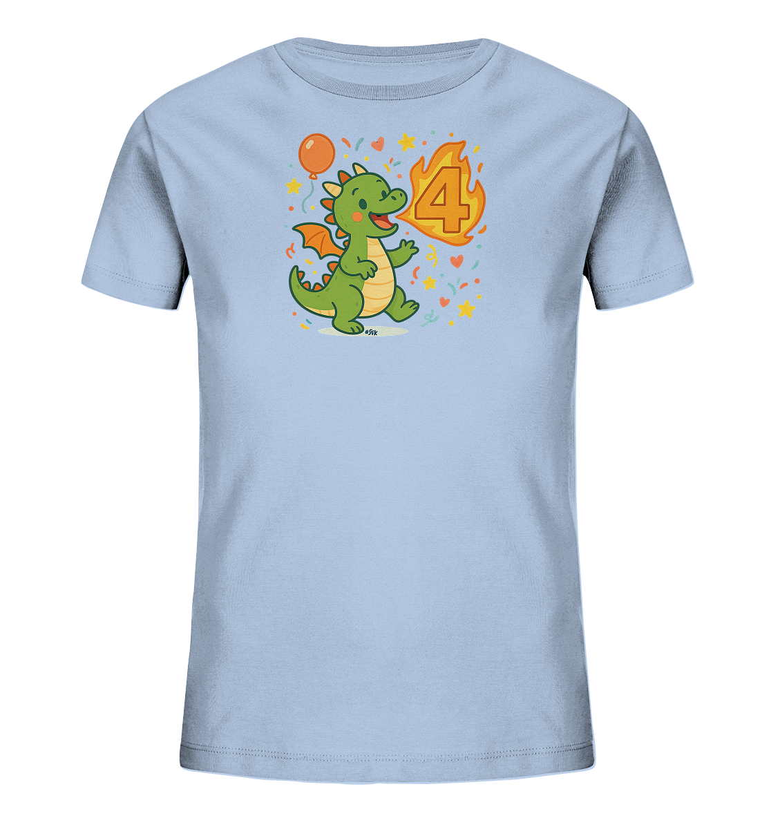 Onlineshop Shirts fuer Kinder - Das Bild zeigt ein hellblaues T-Shirt fuer Kinder mit einem froehlichen Drachenmotiv. Ein gruener, cartoonhafter Drache steht neben der Zahl '4', die in leuchtenden Flammenfarben dargestellt ist. Um das Motiv herum sind Sterne, Herzen, Konfetti und ein Ballon zu sehen, was dem Design einen festlichen Charakter verleiht. Die Illustration ist farbenfroh und kindgerecht gestaltet.