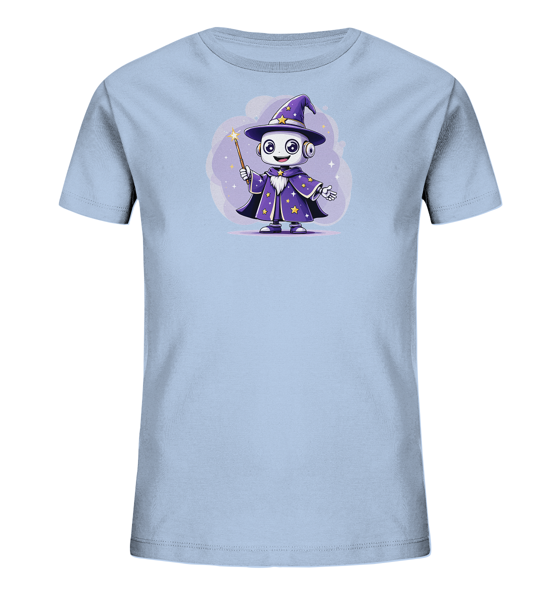 Onlineshop Shirts für Kinder - Das Bild zeigt ein hellblaues Kinder-T-Shirt mit einem aufgedruckten Motiv eines niedlichen Roboters, der als Zauberer verkleidet ist. Der Roboter trägt einen lila Spitzhut mit Sternen und einen passenden Umhang, ebenfalls mit goldenen Sternen verziert. In der Hand hält er einen Zauberstab, von dem magische Sterne ausgehen. Der Hintergrund des Motivs ist eine lila, wolkenartige Form mit glitzernden Elementen, was dem Design eine verträumte und magische Atmosphäre verleiht.
