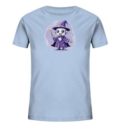 Onlineshop Shirts für Kinder - Das Bild zeigt ein hellblaues Kinder-T-Shirt mit einem aufgedruckten Motiv eines niedlichen Roboters, der als Zauberer verkleidet ist. Der Roboter trägt einen lila Spitzhut mit Sternen und einen passenden Umhang, ebenfalls mit goldenen Sternen verziert. In der Hand hält er einen Zauberstab, von dem magische Sterne ausgehen. Der Hintergrund des Motivs ist eine lila, wolkenartige Form mit glitzernden Elementen, was dem Design eine verträumte und magische Atmosphäre verleiht.