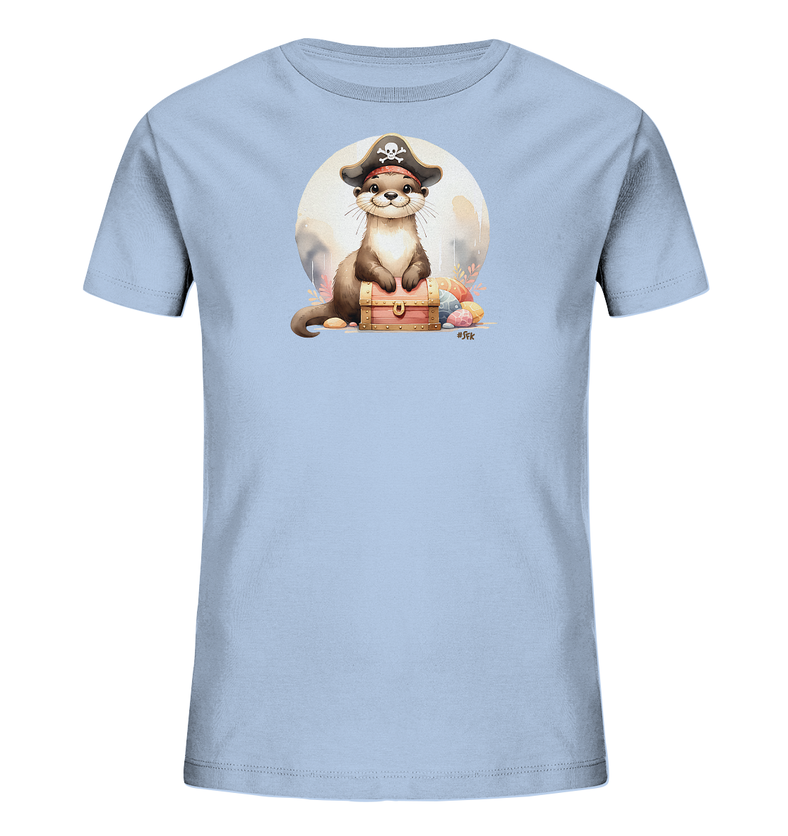 Onlineshop Shirts fuer Kinder - Auf diesem hellblauen T-Shirt ist ein lustiger Druck zu sehen. Ein niedlicher Otter mit Piratenhut sitzt auf einer Holzschatztruhe. Im Hintergrund ist ein heller Kreis zu erkennen, und bunte Formen liegen verstreut am Boden. Das Motiv hat einen froehlichen, cartoonhaften Stil.