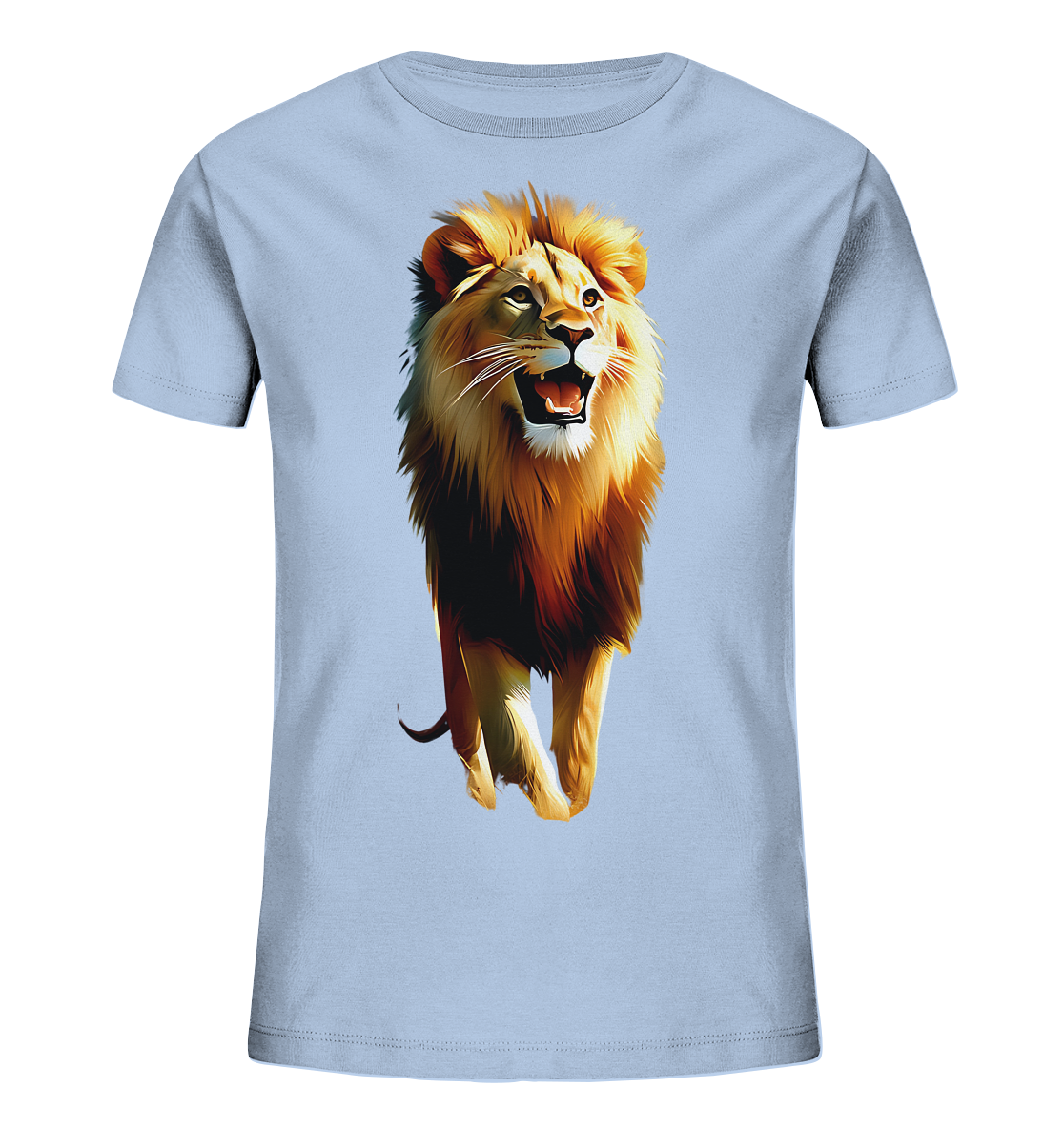 Onlineshop Shirts fuer Kinder - Das Bild zeigt ein hellblaues T-Shirt fuer Kinder mit einem beeindruckenden Loewenmotiv auf der Vorderseite. Der Loewe ist in einem kuenstlerischen Stil dargestellt, wie er auf den Betrachter zugeht, mit geoeffnetem Maul. Seine Maehne und sein Fell zeigen kraeftige Farbverlaeufe in Gold- und Brauntoenen. Das Design wirkt ausdrucksstark und ist zentral auf dem Shirt platziert.