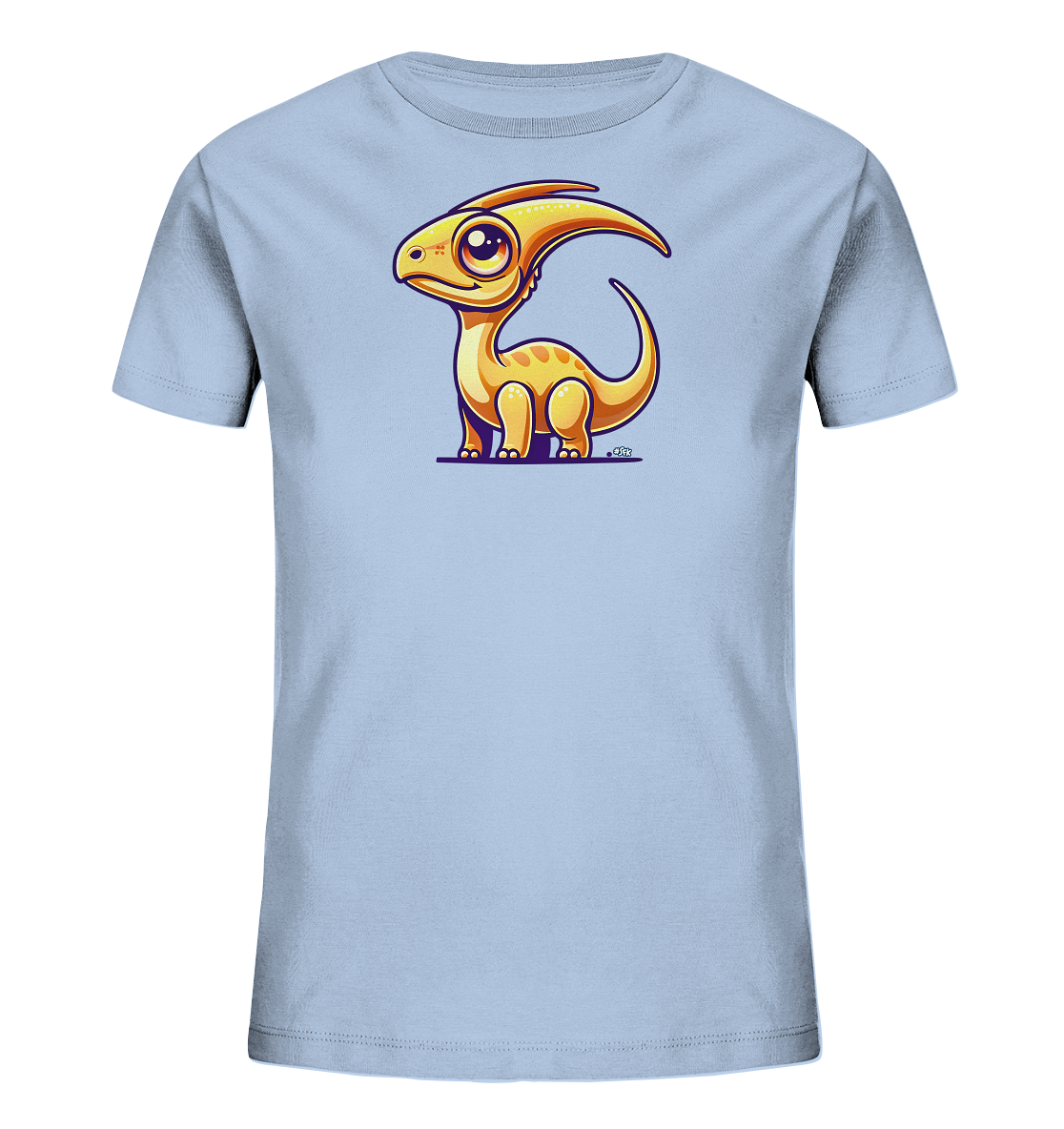 Onlineshop Shirts fuer Kinder - Das Bild zeigt ein hellblaues Kinder-T-Shirt. Auf der Vorderseite befindet sich eine niedliche Illustration eines kleinen Dinosauriers. Der orange-gelbliche Dino hat grosse Augen, einen markanten Kopfkamm und wirkt freundlich. Das Design verleiht dem Shirt einen verspielten und froehlichen Look.
