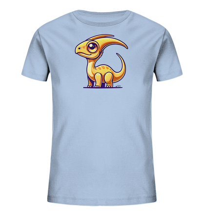 Onlineshop Shirts fuer Kinder - Das Bild zeigt ein hellblaues Kinder-T-Shirt. Auf der Vorderseite befindet sich eine niedliche Illustration eines kleinen Dinosauriers. Der orange-gelbliche Dino hat grosse Augen, einen markanten Kopfkamm und wirkt freundlich. Das Design verleiht dem Shirt einen verspielten und froehlichen Look.