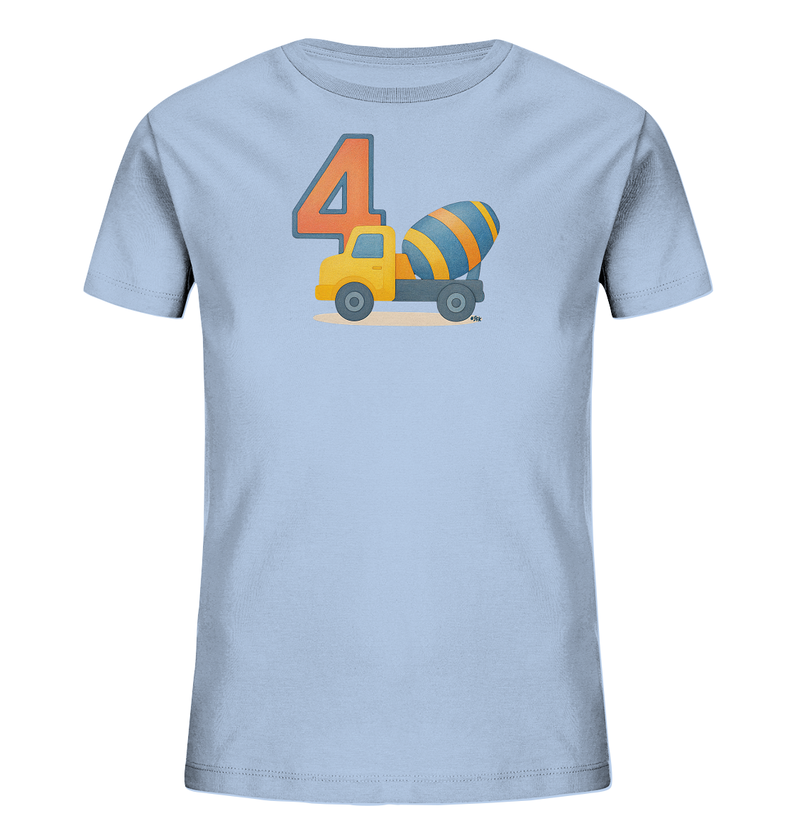 Onlineshop Shirts fuer Kinder - Das Bild zeigt ein hellblaues Kinder-T-Shirt mit einem farbenfrohen Motiv auf der Vorderseite. Abgebildet ist ein gelber Betonmischer-LKW mit einer blau-orange gestreiften Trommel. Neben dem LKW steht eine grosse Zahl '4' in Orange mit rotem Rand. Das Design wirkt spielerisch und ist ideal fuer kleine Baustellen-Fans.
