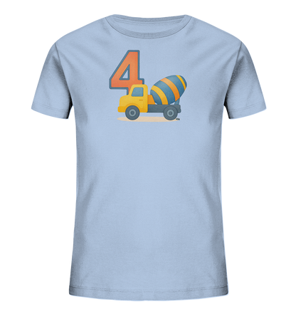 Onlineshop Shirts fuer Kinder - Das Bild zeigt ein hellblaues Kinder-T-Shirt mit einem farbenfrohen Motiv auf der Vorderseite. Abgebildet ist ein gelber Betonmischer-LKW mit einer blau-orange gestreiften Trommel. Neben dem LKW steht eine grosse Zahl '4' in Orange mit rotem Rand. Das Design wirkt spielerisch und ist ideal fuer kleine Baustellen-Fans.