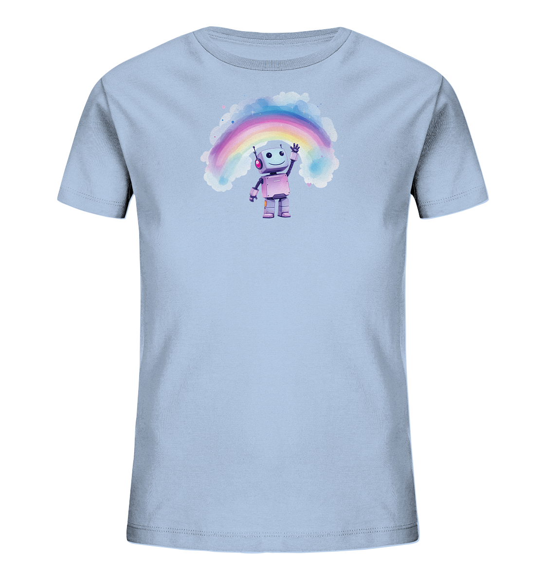 Onlineshop Shirts für Kinder - Das Bild zeigt ein hellblaues Kinder-T-Shirt mit einem fröhlichen Aufdruck in der Mitte der Brust. Das Motiv stellt einen kleinen, freundlich lächelnden Roboter dar, der winkt. Über dem Roboter erstreckt sich ein bunter Regenbogen, der von weichen, aquarellartigen Wolken umgeben ist. Die gesamte Grafik hat einen sanften, künstlerischen Stil und verleiht dem Shirt einen positiven und kindgerechten Look.