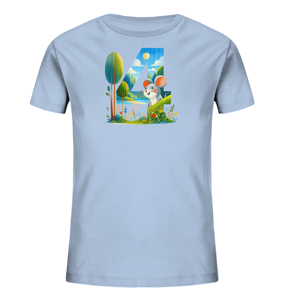 Onlineshop Shirts fuer Kinder - Das hellblaue T-Shirt zeigt ein kreatives Design der Zahl "4", die eine idyllische Landschaft mit Fluss, Baeumen und Huegeln umschliesst. Eine freundliche Cartoon-Maus blickt aus einem Blumenfeld im Vordergrund hervor. Die Szene ist sonnig mit vereinzelten Wolken am Himmel. Das Motiv wirkt verspielt und naturverbunden, passend fuer Kinder.