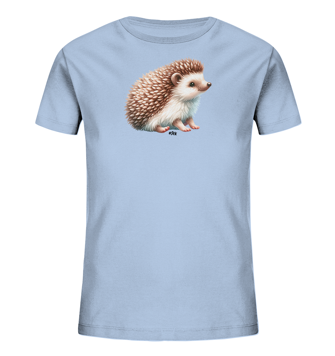 Onlineshop Shirts fuer Kinder - Dieses hellblaue T-Shirt fuer Kinder zeigt eine realistische und detaillierte Illustration eines kleinen Igels auf der Vorderseite. Der Igel sitzt aufrecht und blickt neugierig zur Seite. Seine braunen Stacheln und das weisse Fell sind fein dargestellt. Ein charmantes Motiv, ideal fuer Tierliebhaber.