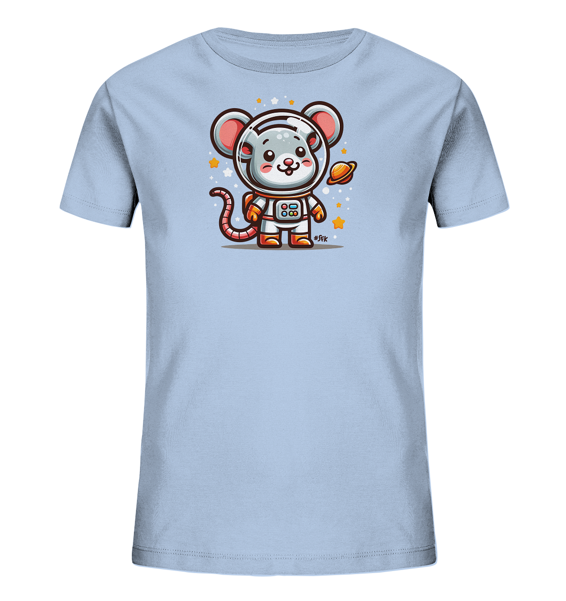Onlineshop Shirts fuer Kinder - Das Bild zeigt ein hellblaues T-Shirt mit einer niedlichen Grafik einer Maus im Astronautenanzug. Die Maus haelt einen kleinen Planeten in der Hand. Kleine Sterne und Punkte umgeben das Motiv und deuten auf ein Weltraumabenteuer hin. Das Design ist verspielt und kindgerecht.