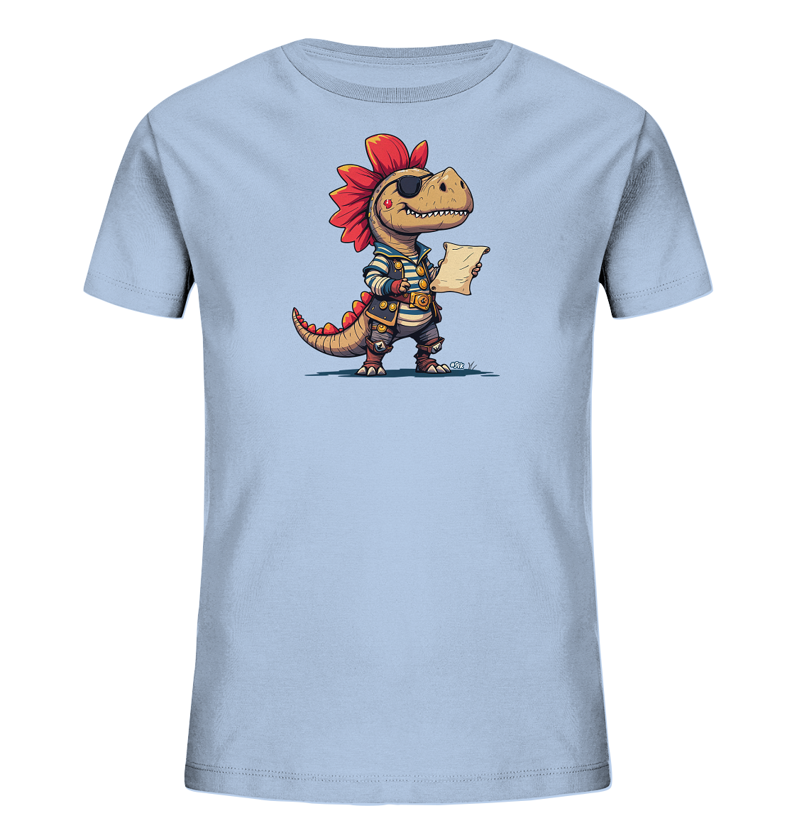 Onlineshop Shirts fuer Kinder - Das Bild zeigt ein hellblaues Kinder-T-Shirt mit einer detaillierten Grafik eines als Pirat verkleideten Dinosauriers. Der freundliche Dinosaurier traegt ein rotes Kopftuch, eine Augenklappe, ein gestreiftes Oberteil und haelt eine Schatzkarte in seinen Klauen. Die Illustration ist farbenfroh und im Cartoon-Stil gehalten, was dem Shirt einen verspielten, abenteuerlichen Look verleiht.