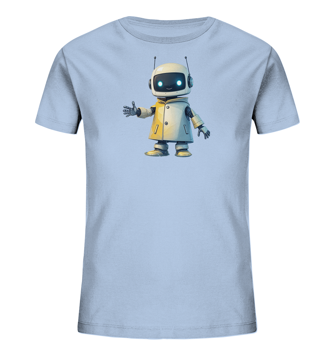 Helles Kinder-T-Shirt mit freundlichem Roboter auf der Vorderseite.
