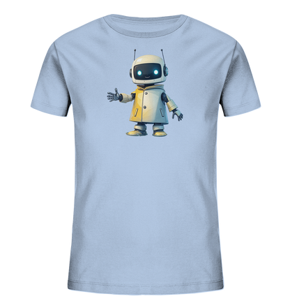 Helles Kinder-T-Shirt mit freundlichem Roboter auf der Vorderseite.