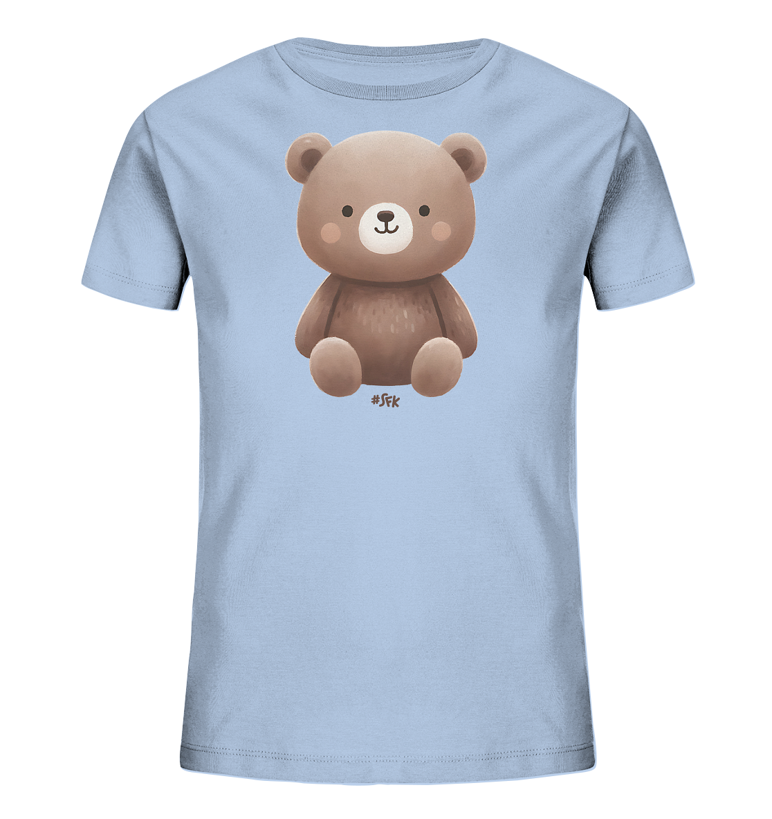 Onlineshop Shirts fuer Kinder - Hellblaues T-Shirt mit grossem, suessem Teddybaer-Motiv in der Mitte. Der braune Baer hat ein freundliches Gesicht mit rosa Wangen.
