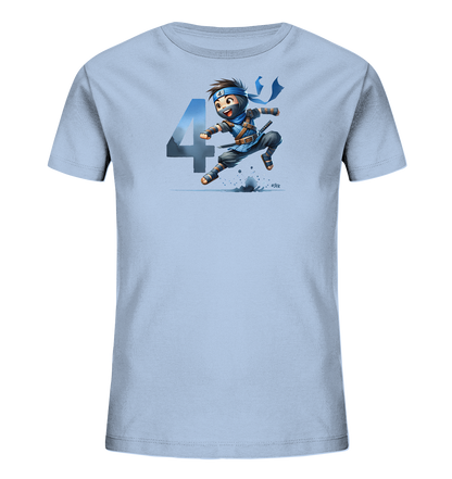 Kinder-T-Shirt mit springendem Ninja und Zahl 4