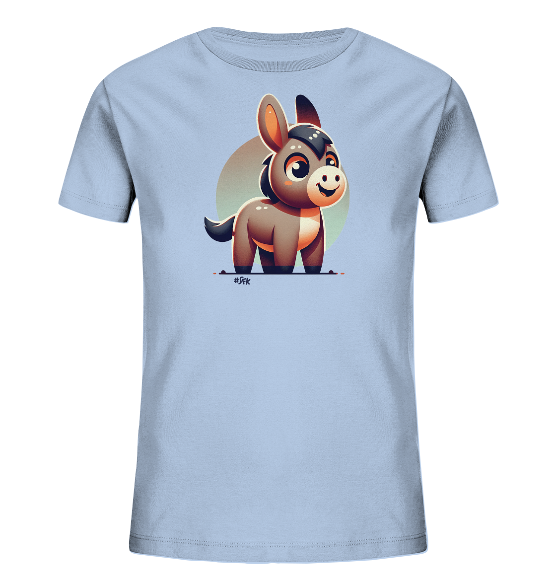 Onlineshop Shirts fuer Kinder - Das Bild zeigt ein hellblaues Kinder-T-Shirt. Auf der Vorderseite ist eine niedliche, cartoonartige Illustration eines laechelnden Esels in Braun- und Grautoenen zu sehen. Hinter dem Esel befindet sich ein dezenter, runder Farbverlauf. Das Design ist freundlich und ansprechend gestaltet.