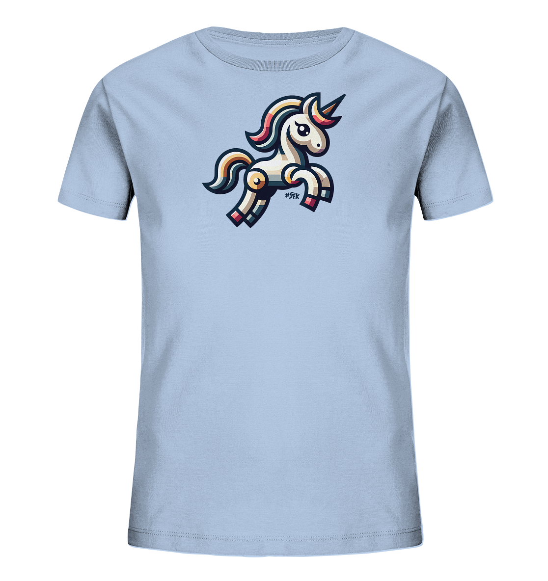 Onlineshop Shirts fuer Kinder - Das Bild zeigt ein hellblaues Kinder-T-Shirt mit einem niedlichen Einhorn-Motiv auf der Vorderseite. Das cartoonartige Einhorn hat eine farbenfrohe Maehne und einen Schweif in Rosa-, Gelb- und Orangetoenen. Es ist in einer verspielten, springenden Haltung dargestellt. Dieses Design verleiht dem Shirt einen magischen und froehlichen Look.