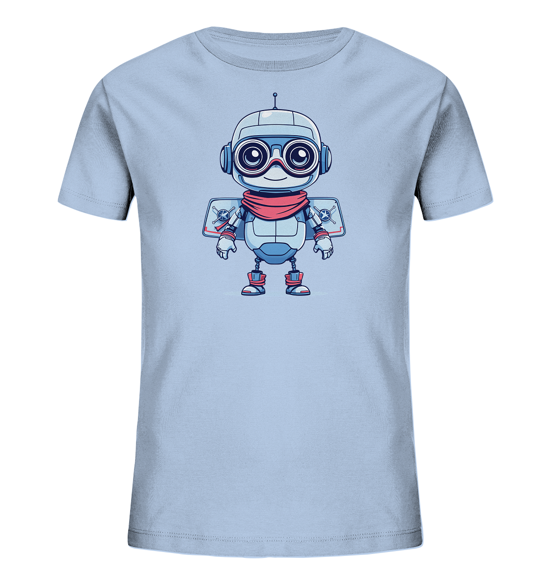 Onlineshop Shirts für Kinder - Das Bild zeigt ein hellblaues T-Shirt mit einem zentral platzierten Motiv eines cartoonhaften Roboters. Der Roboter hat eine überwiegend blaue und weiße Farbgebung, runde Augen hinter einer großen Brille und trägt einen roten Schal. Auf seinem Rücken befinden sich flügelartige Aufsätze mit Details wie Propellern, Sternen und kleinen Totenköpfen. Das Design ist farbenfroh und wirkt verspielt.