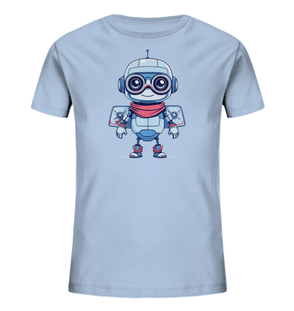 Onlineshop Shirts für Kinder - Das Bild zeigt ein hellblaues T-Shirt mit einem zentral platzierten Motiv eines cartoonhaften Roboters. Der Roboter hat eine überwiegend blaue und weiße Farbgebung, runde Augen hinter einer großen Brille und trägt einen roten Schal. Auf seinem Rücken befinden sich flügelartige Aufsätze mit Details wie Propellern, Sternen und kleinen Totenköpfen. Das Design ist farbenfroh und wirkt verspielt.