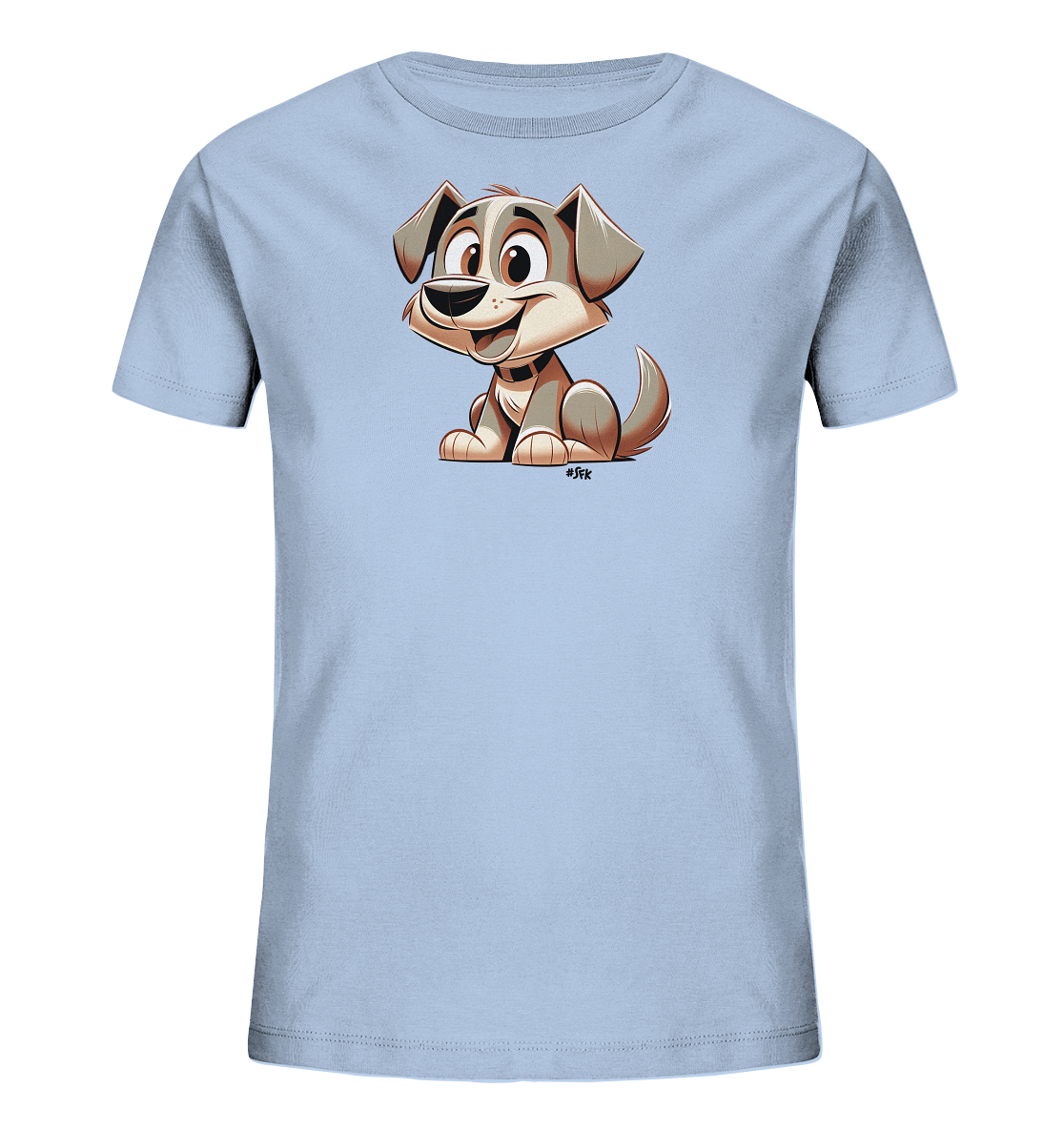 Onlineshop Shirts fuer Kinder - Dieses Bild zeigt ein hellblaues Kinder-T-Shirt. Auf der Vorderseite ist ein freundlicher, cartoonartiger Hund abgebildet. Der Hund sitzt und blickt nach vorne mit einem froehlichen Ausdruck. Das Design ist schlicht und kindgerecht gestaltet.