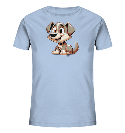 Onlineshop Shirts fuer Kinder - Dieses Bild zeigt ein hellblaues Kinder-T-Shirt. Auf der Vorderseite ist ein freundlicher, cartoonartiger Hund abgebildet. Der Hund sitzt und blickt nach vorne mit einem froehlichen Ausdruck. Das Design ist schlicht und kindgerecht gestaltet.