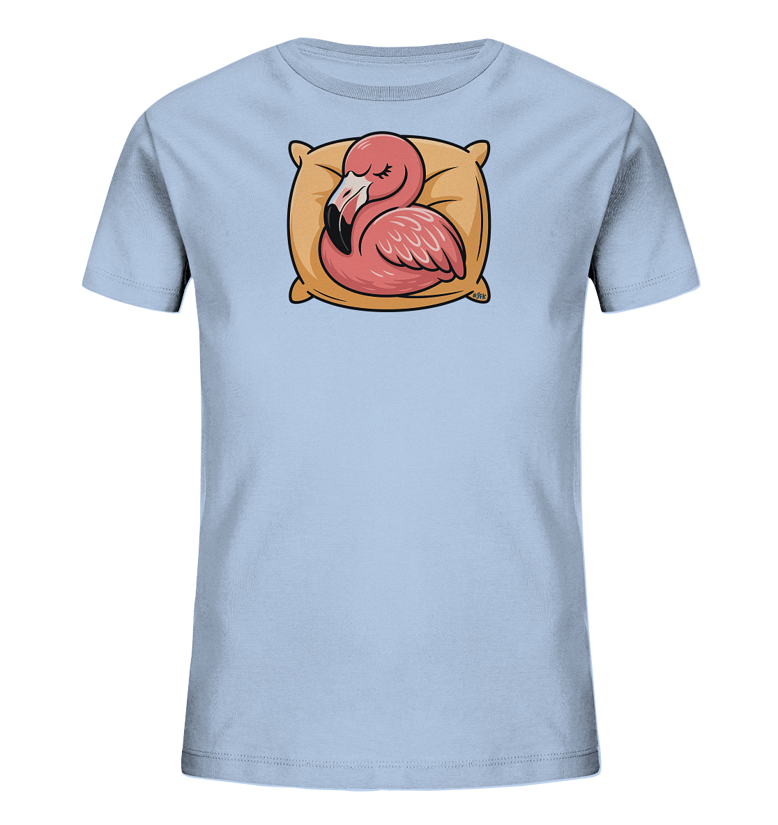 Kinder-T-Shirt mit rosa Flamingo, der auf einem gelben Kissen schläft.
