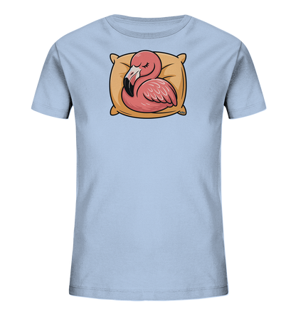 Kinder-T-Shirt mit rosa Flamingo, der auf einem gelben Kissen schläft.