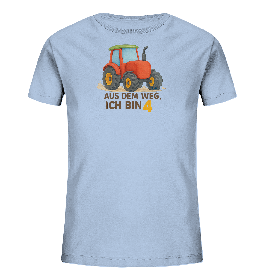 Onlineshop Shirts fuer Kinder - Das Bild zeigt ein hellblaues T-Shirt fuer Kinder. Auf der Vorderseite ist ein roter Cartoon-Traktor auf braunem Untergrund dargestellt. Darunter steht der Spruch 'AUS DEM WEG, ICH BIN' mit einer grossen, orangefarbenen Zahl '4'. Das verspielte Design eignet sich gut fuer einen vierten Geburtstag.