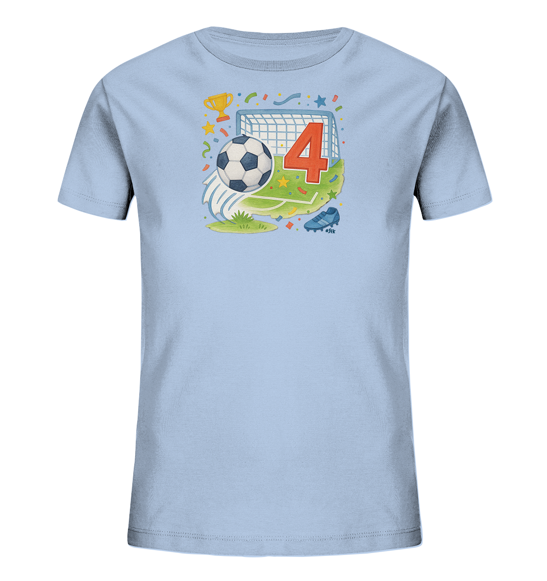 Onlineshop Shirts fuer Kinder - Das Bild zeigt ein hellblaues T-Shirt fuer Kinder. Es hat ein farbenfrohes Motiv zum Thema Fussball. Abgebildet sind eine grosse rote Zahl 4, ein Fussball, ein Tor, ein Pokal und ein Fussballschuh. Konfetti und Sterne runden das Design ab und verleihen ihm einen festlichen Charakter.
