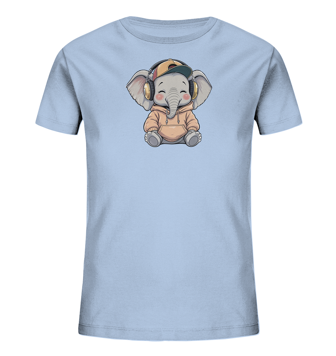 Onlineshop Shirts fuer Kinder - Das Bild zeigt ein hellblaues Kinder-T-Shirt mit einem niedlichen Elefantenmotiv. Der Elefant sitzt und traegt einen orangefarbenen Kapuzenpullover, goldene Kopfhoerer und eine Baseballkappe. Sein freundlicher Ausdruck und die verspielte Kleidung verleihen dem Design einen froehlichen Charakter. Das Shirt ist auf einem schlichten schwarzen Hintergrund praesentiert.
