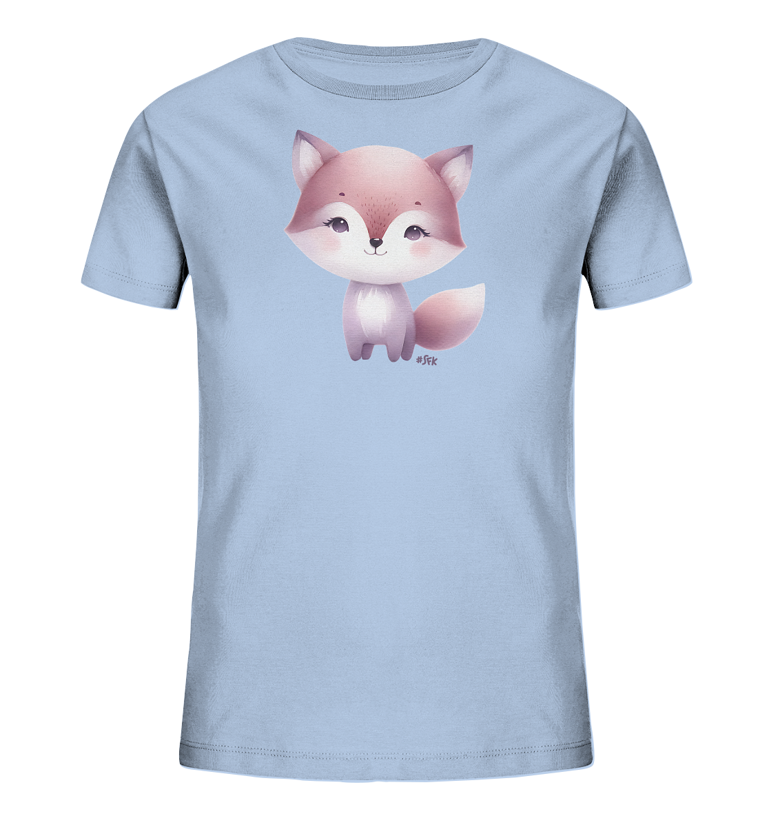Onlineshop Shirts fuer Kinder - Das Bild zeigt ein hellblaues Kinder-T-Shirt mit einer niedlichen Illustration eines Fuchses auf der Vorderseite. Der Fuchs hat rosafarbene und lilafarbene Akzente, grosse Augen und sitzt laechelnd da. Die Illustration ist im Zentrum des Shirts platziert. Das Design ist schlicht und ansprechend fuer Kinder.