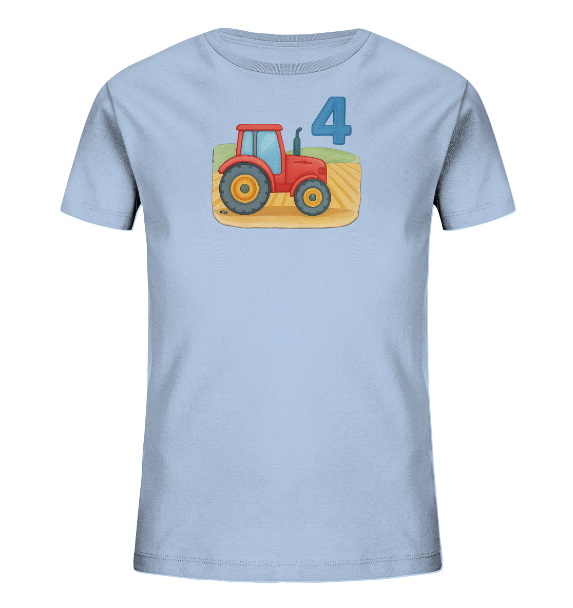 Onlineshop Shirts fuer Kinder - Das Bild zeigt ein hellblaues Kinder-T-Shirt mit einem farbigen Aufdruck eines roten Traktors. Der Traktor steht auf einem Feld mit braunem Boden und gruenen Huegeln im Hintergrund. Neben dem Traktor ist die grosse Zahl '4' in blau zu sehen. Die Illustration verleiht dem Shirt einen laendlichen und kindgerechten Charakter.