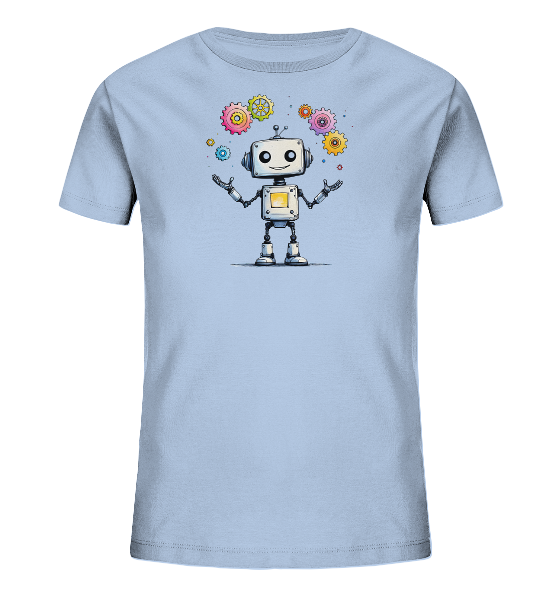 Onlineshop Shirts für Kinder - Das Bild zeigt ein hellblaues Kinder-T-Shirt mit einem auffälligen Aufdruck in der Mitte. Der Aufdruck stellt einen freundlichen, weißen Roboter mit Antennen und einem lächelnden Gesicht dar, der seine Arme geöffnet hat. Um den Roboter herum schweben oder kreisen mehrere bunte Zahnräder in verschiedenen Größen und Farben wie Pink, Gelb, Grün und Blau. Das Design wirkt verspielt und technologisch inspiriert, ergänzt durch kleine Farbtupfer und Sterne.